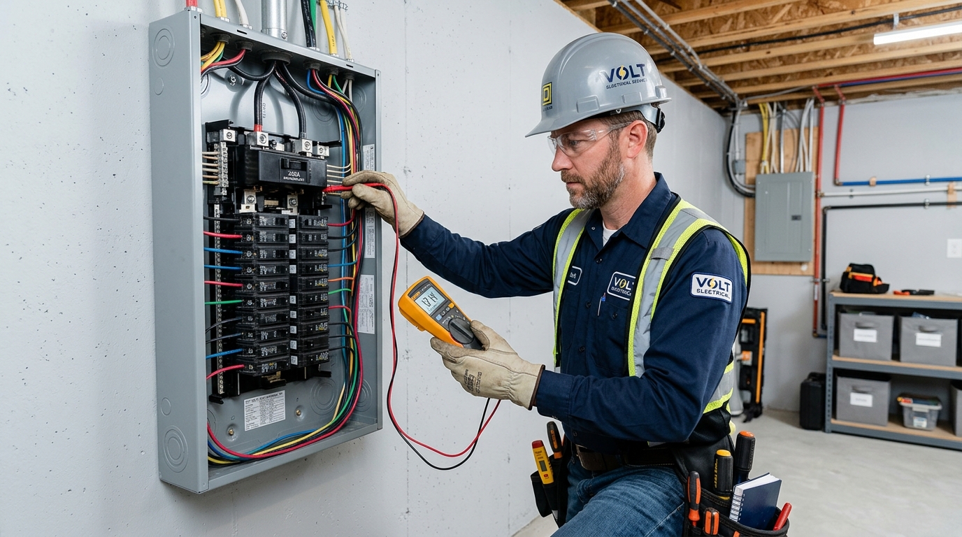 Alltech Electrical Systems Inc licensed electrician inspecting a 200 amp electrical panel upgrade in a Pickering home