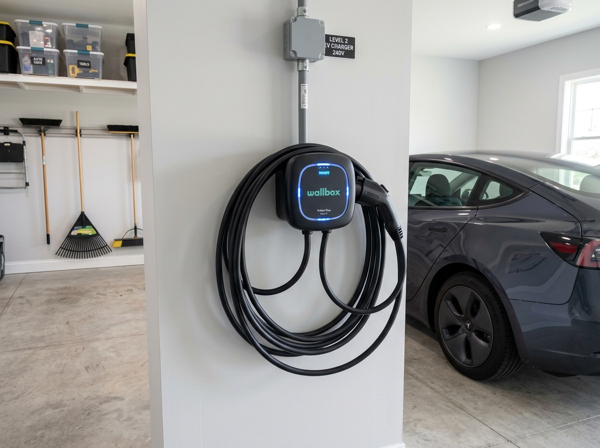 Level 2 home EV charger installation in garage by licensed Pickering electrician